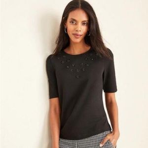 ANN TAYLOR BLACK FLORAL BEADED PUFF SLEEVE TOP NWT